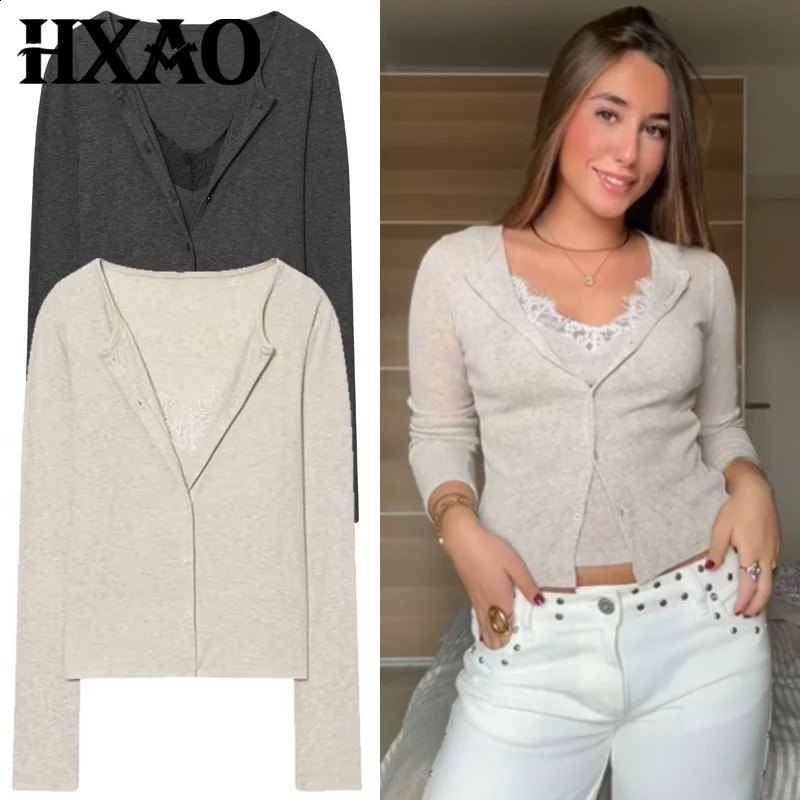 HXAO Crop Knit Cardigan For Women Autumn Spring Chic Lace Long Sleeve Knitwear Darkgrey Beige Sweaters Korean Cardigans 260209