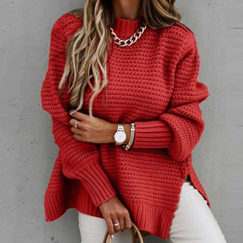 2024 New Loose Split Knitted Long Sleeve Thick Sweater Half High Neck Korean Fashion Pullover Autumn Winter Black Women Clothes 26L0224