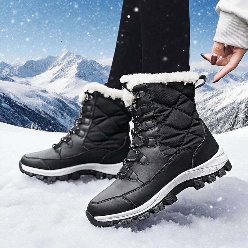 Warm Elegant Thick Cotton Fleece Anti Slip Outdoor Hiking Shoes Comfortable Platform High Top Women's Bare Boots