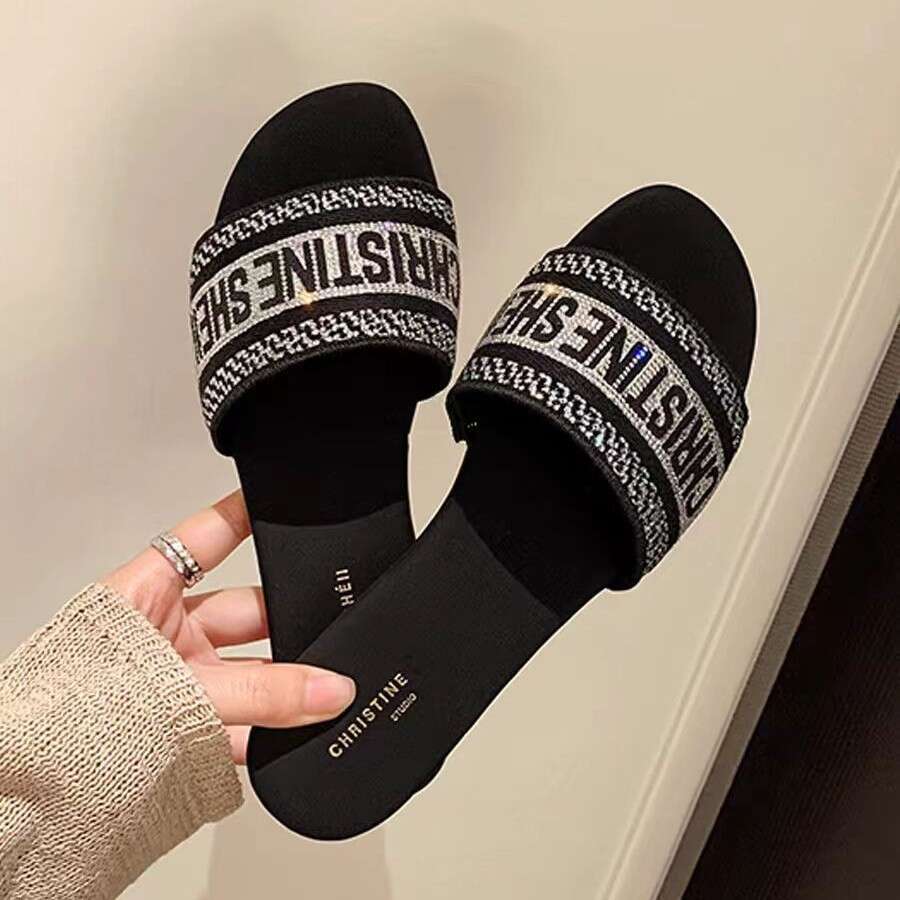 Full Diamond Version Letter Embroidery Hotfix Rhinestone Flat Sandals for Women Outdoor Summer New Beach Slippers