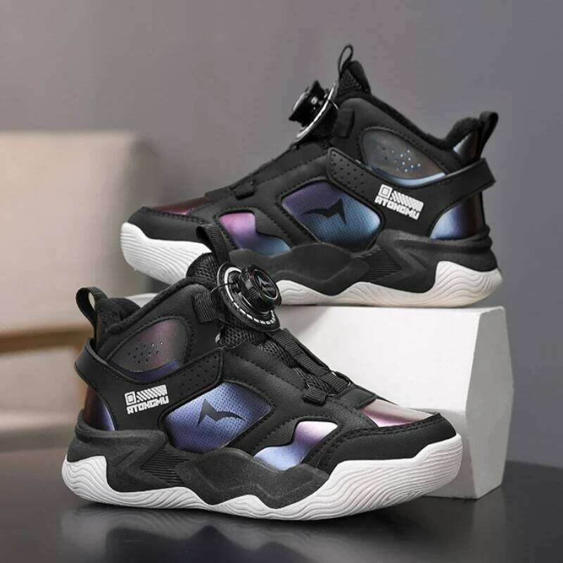 Black Kids Basketball Shoes with Quick Lace System Luxury Tenis Sport Sneakers for Boys School High Top Athletic Footwear Style 26W0224