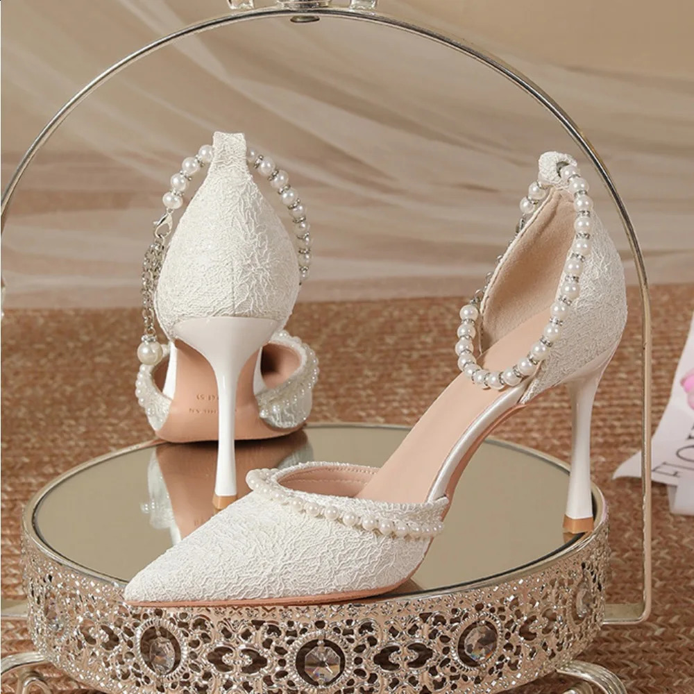 High Heeled Shoes Womens Sandals with A Thin Heel and Pointed Toe Straight Cut Lace Surface White Pearl Bridal Women 260208