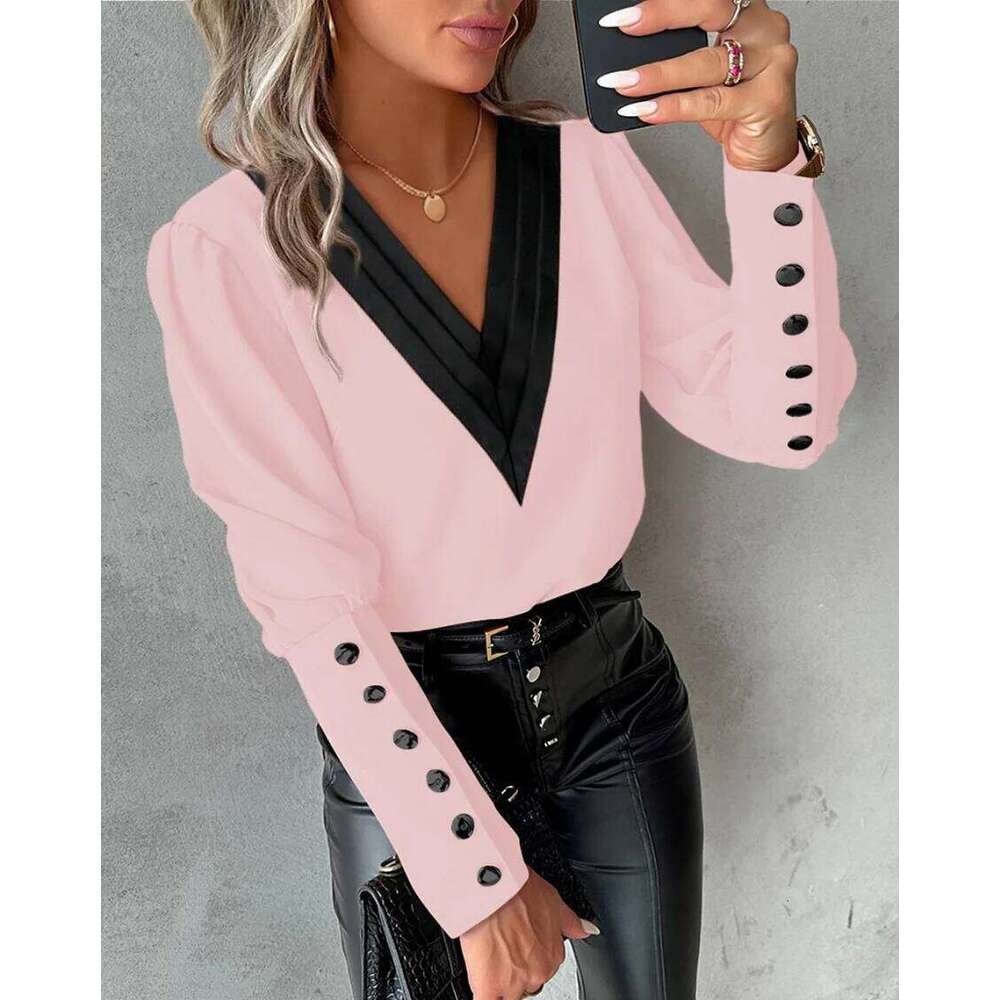Office Ladies V-neck Button Shirt Blouse Spring Autumn Fashion Color Matching Long Sleeve Shirts For Women 2024 White Tops Femme 26W0224