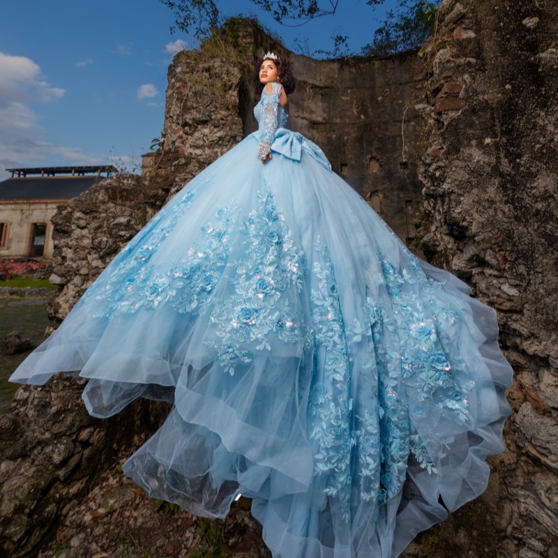 Sky Blue Quinceanera Dresses Ball Gown Off The Shoulder Applique Lace Beading Crystal Bow Tull Party Birthday Sweet 16 Dress Vestidos 15 Anos