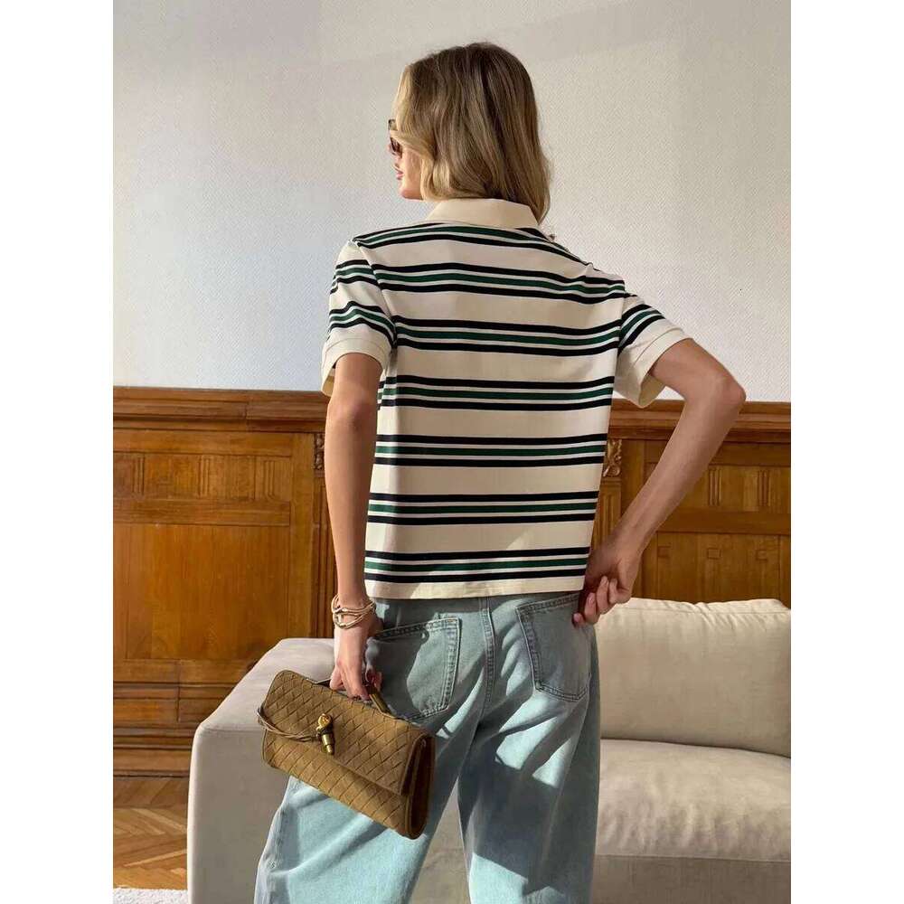 Sumuyoo Women's Retro Striped Polo T-Shirt Loose Fit Short Sleeve Casual Knitted Shirt Fashionable Summer Top for Ladies 26W0224