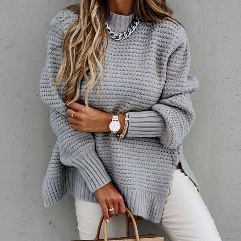 2024 New Loose Split Knitted Long Sleeve Thick Sweater Half High Neck Korean Fashion Pullover Autumn Winter Black Women Clothes 26L0224