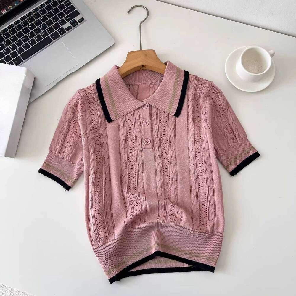 REALEFT Summer 2026 New Vintage Knitted Women's Polo Shirts Short Sleeve Bottom Hollow Out Buttons Knitwear Tops Tee Female 26W0224