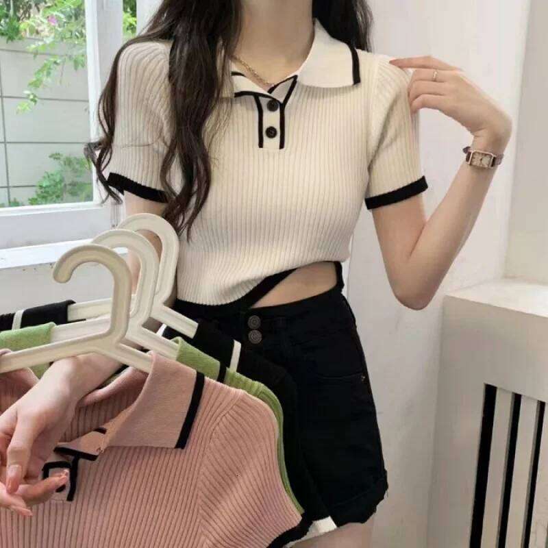 Contrast Color Polo Collar Shoulder Knitted Sleeves T-shirt Women's Summer Slim-Fitting Design Sense Niche Short Tops 26W0224