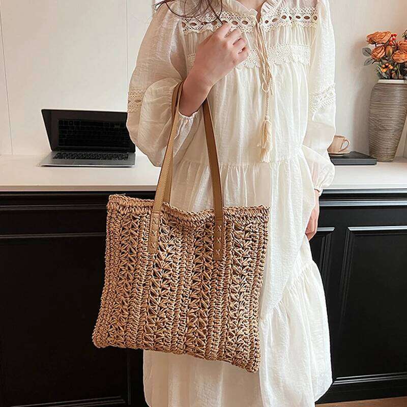 Women's Bag Boho Hollow Design Summer Large Capacity Bucket Handbag Rattan Weave Handmade Craft Tote Basket Z260224