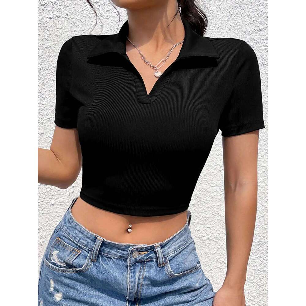 polo neck V sleeve women's summer shoulder high waist Spice Girl T-shirt slimming short crop top 26W0224