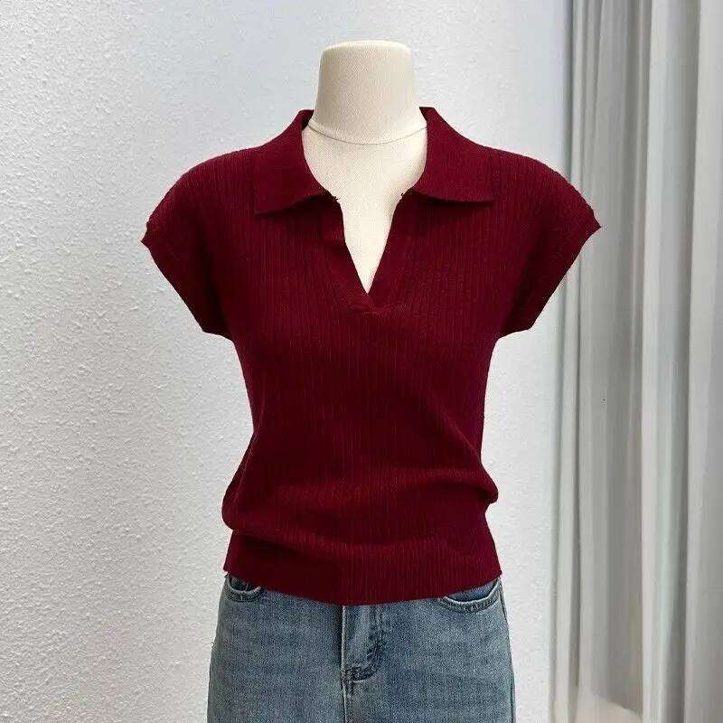 Solid-Color Knit Short-Sleeve T-Shirt for Women Neck Slim-Fit Versatile Top Chic Trendy Blouse Polo Shirts Mujer Tees 26W0224