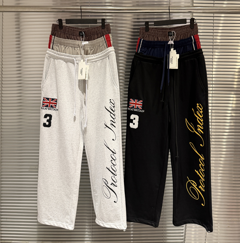 Flag Embroidery Casual Loose Fit Hip Hop Super Long Pants Sweatpants Two-piece Illusion Trousers for Men Women 26ss 0113