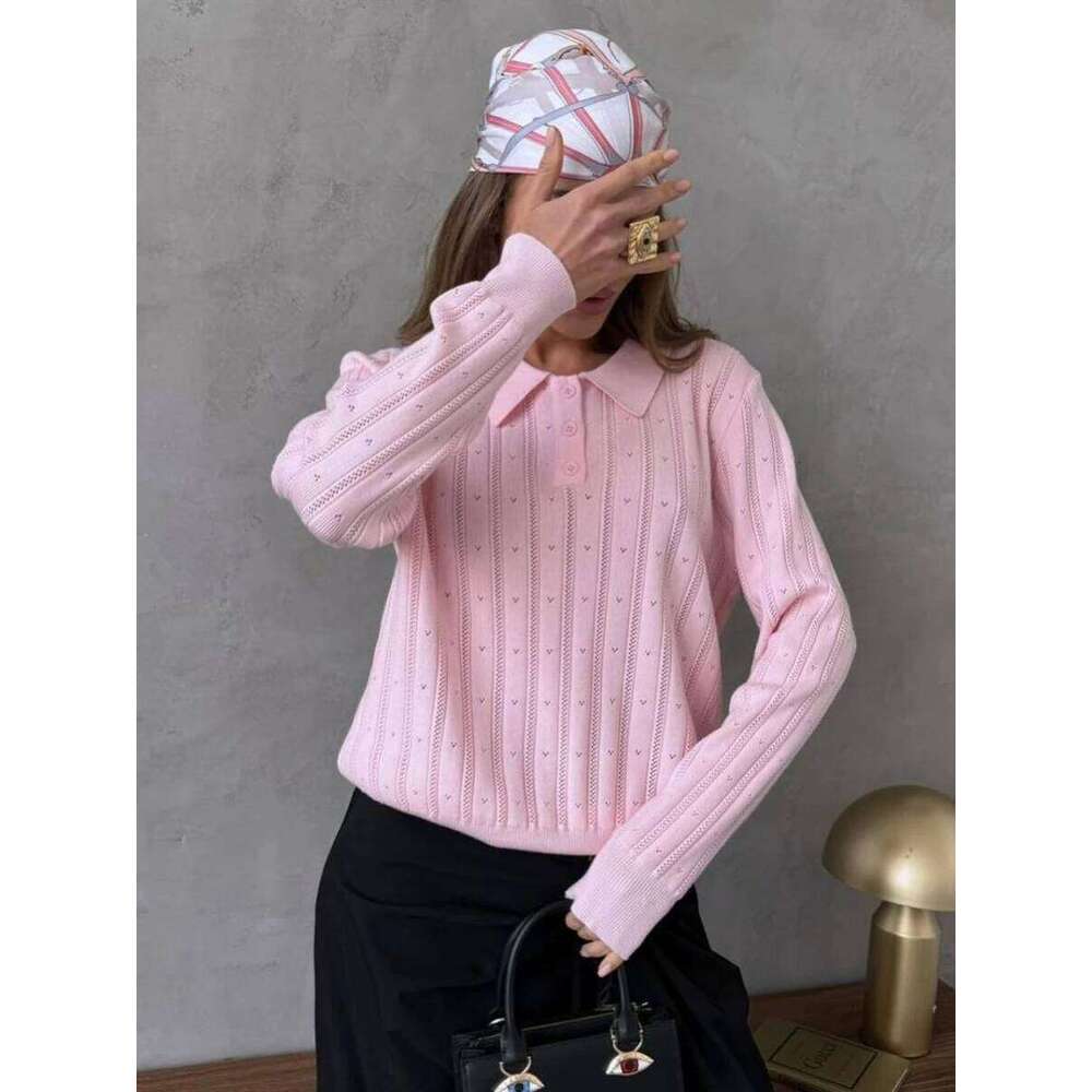 Blubelle Women's Autumn New Jacquard Sweater Loose Versatile Polo Shirt Collar Long Sleeve Knitted Top 26W0224
