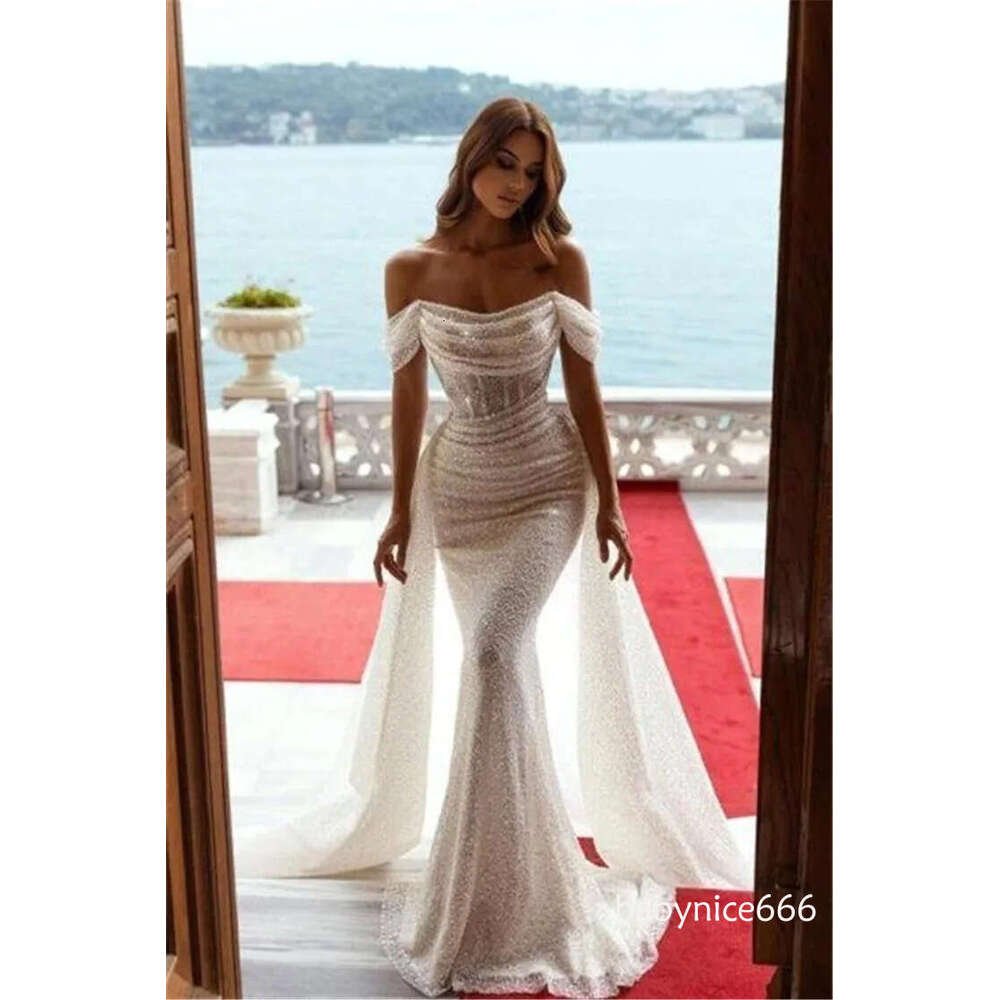 Sparkling Sequins Mermaid Wedding Dresses Off The Shoulder Bridal Gown Beaded Ruffles Sweep Train Summer Beach Plus Size Vestido De Novia BC10977