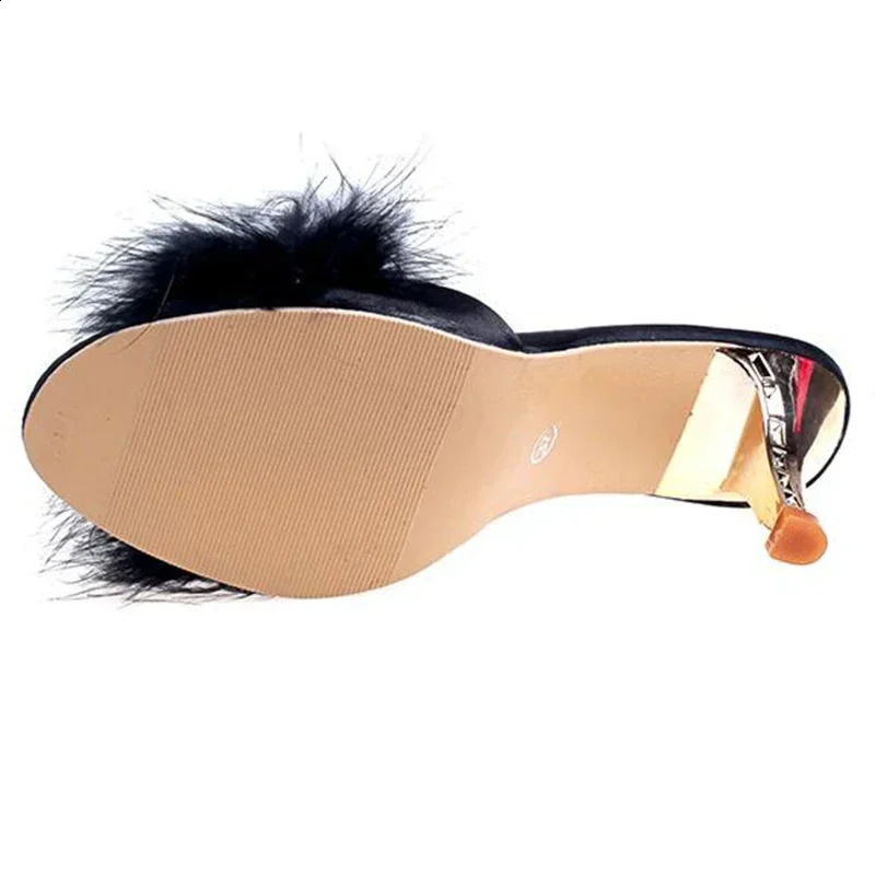 Summer Shoes Woman Feather Thin High Heels Fur Slippers Peep Toe Mules Lady Pumps Slides Shoes Big Size 260124
