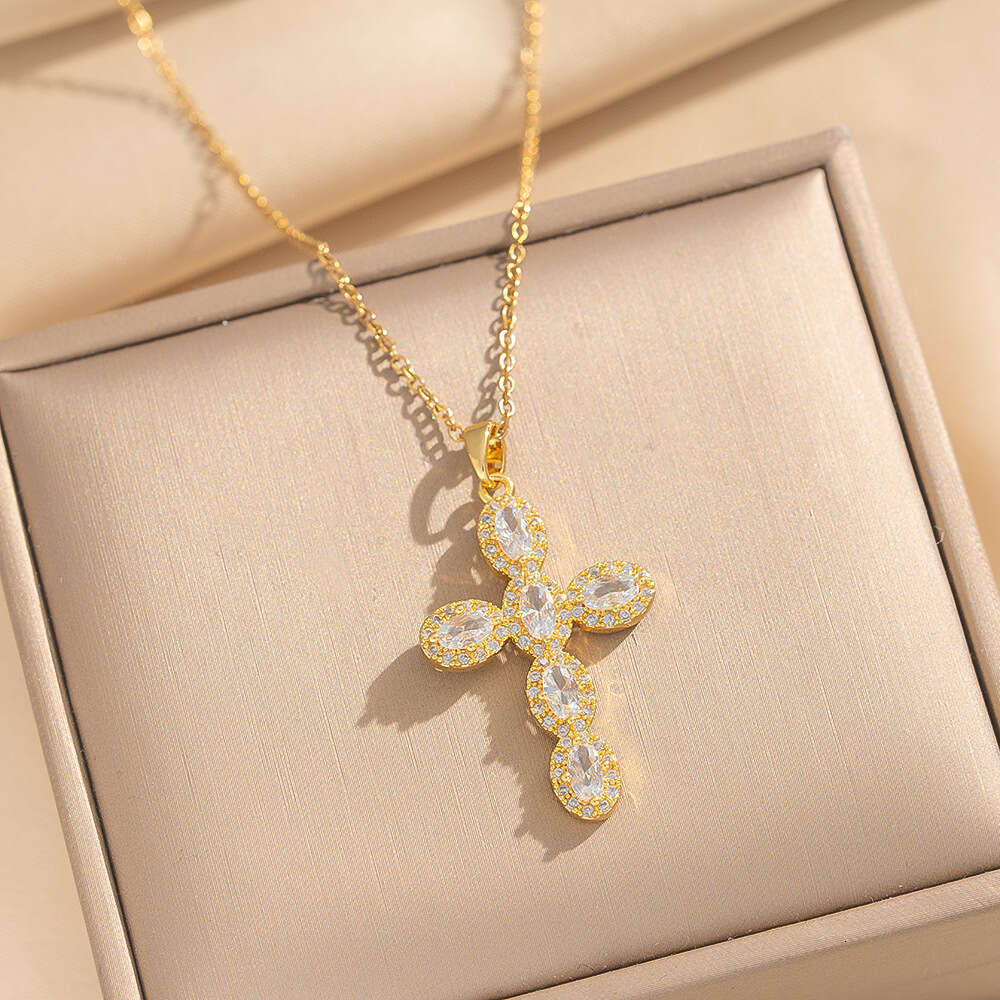 Full Diamond Cross Pendant Necklace Colorful Zircon Stainless Steel Collarbone Chain For Women