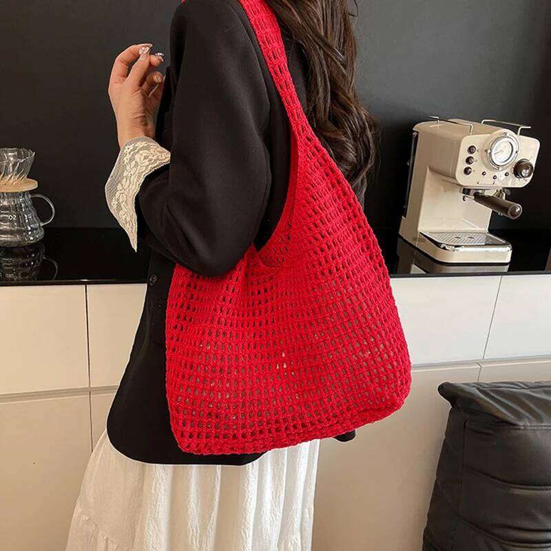 New Sweet Crochet Shoulder Leisure Beach Hollow Out Handbag Women Solid Color Woven Totes Bag For Travel Z260224
