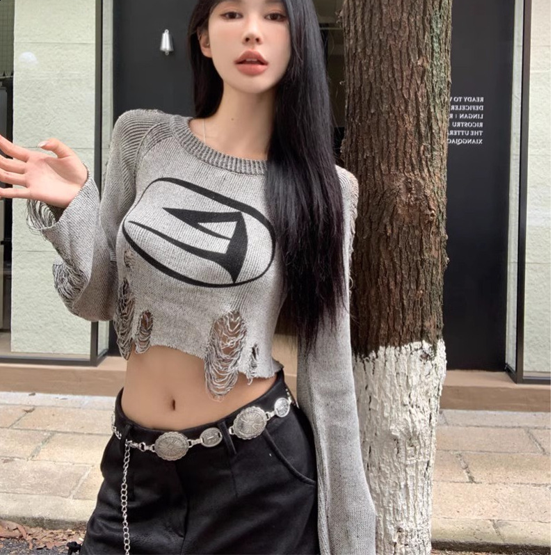 2024 Womens Sweet and Cool American Style Ripped Knit Sweater Early Autumn Short Cropped Pullover Top230729