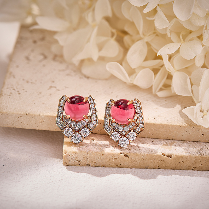 Earrings Geometric Red Bead Earrings, Gold-Plated Earrings, Irregular Design, Stylish Women's Commuter Earrings