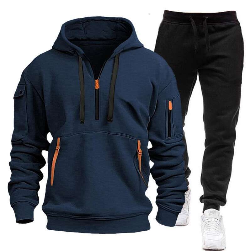 New Spring Autumn Men's Hoodie Set with Zipper Multiple Pockets, Pullover Sweatshirt for Sports and Casual Wear