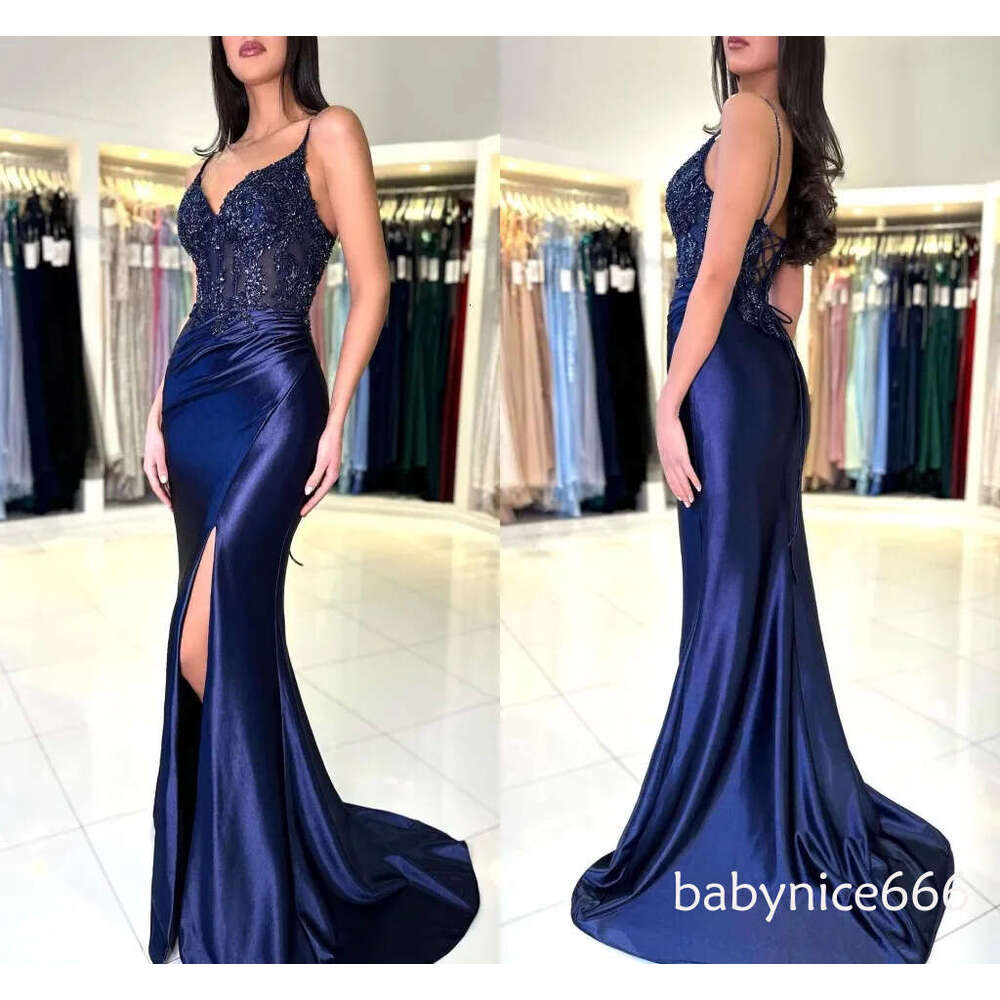 New Royal Blue Split Evening Dresses Sexy Mermaid Spaghetti Straps Appliques Sequins Women Prom Party Gowns Criss Cross Backless BC18567