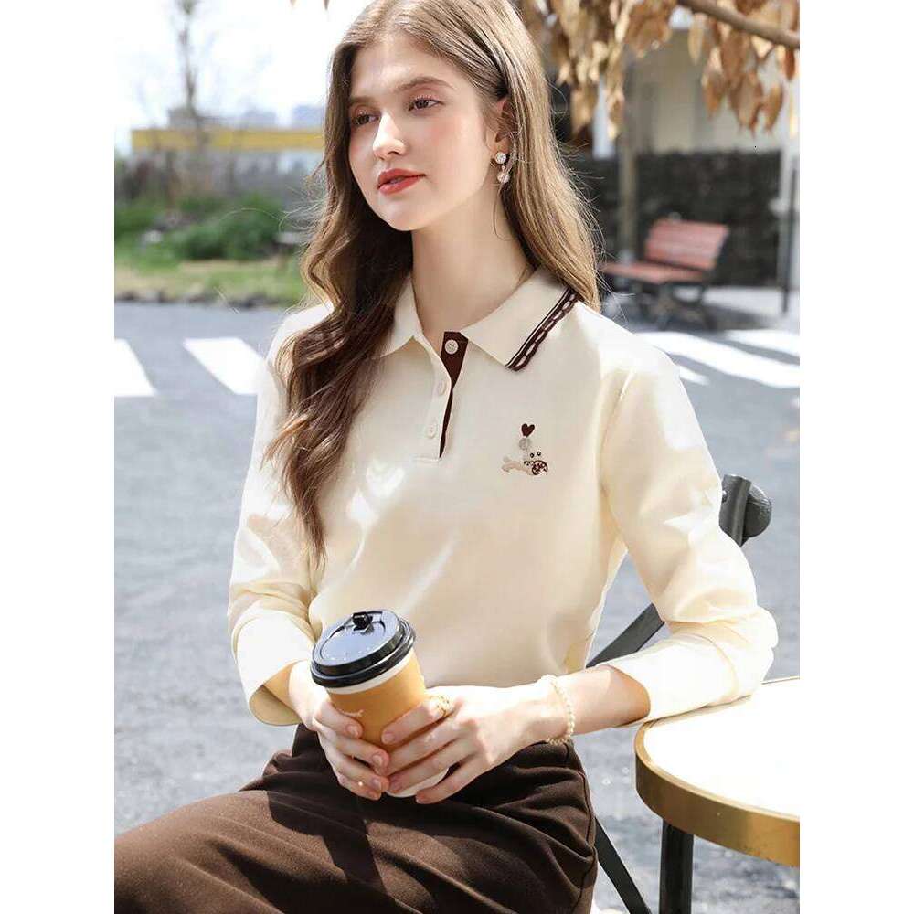 I BELIEVE YOU Polo Neck Long Sleeved T-shirt for Women Autumn 2025 Apricot Casual Tees Contrast Color Embroidery Top 2253016181 26W0224