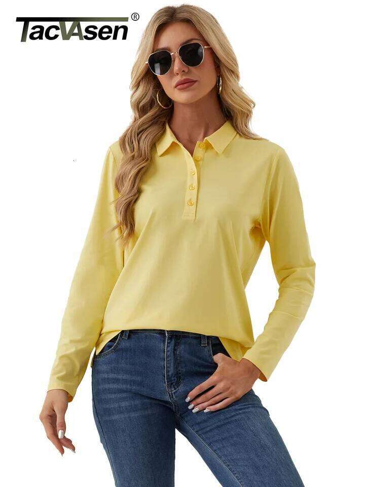 TACVASEN Women's Long Sleeve 5-Button Polo Shirts V-Neck Collared Tops Cotton Blend Casual Work T-Shirts with Side Split 26W0224