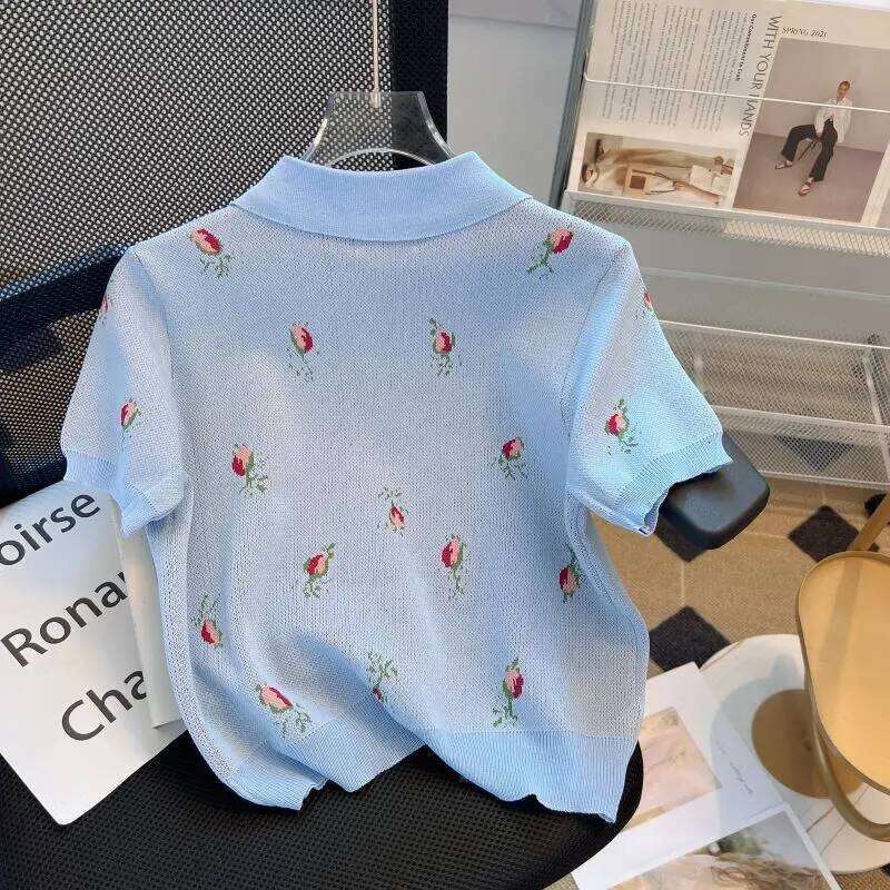 Vintage Women's Sweet Elegant Blue Print Short-sleeved Button Tops Summer New Polo Collar Festival Knitted T-shirt Popular Trend 26W0224