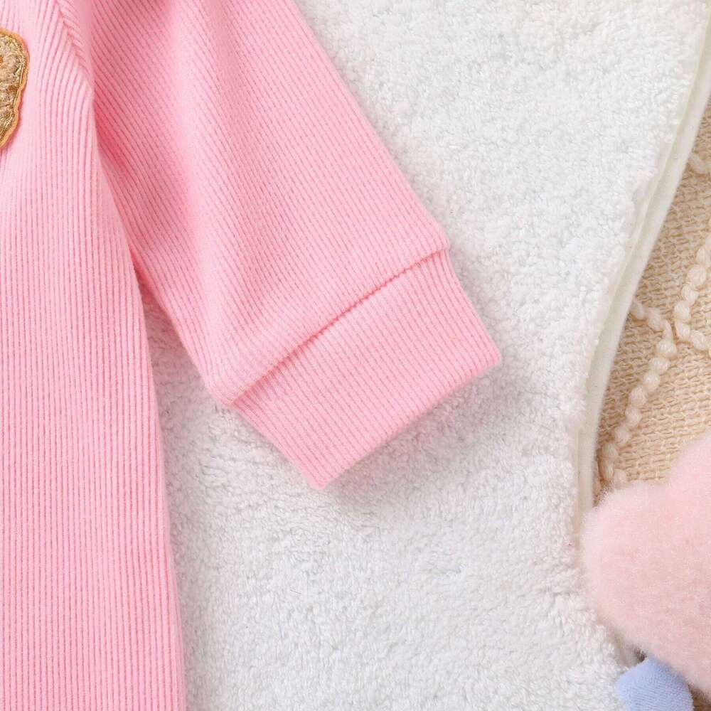 Newborn Baby Girl Autumn Soft Ruffle Long Sleeve Cute Bear Applique Ribbed Bodysuit And Headband Two Piece Set 26H0224