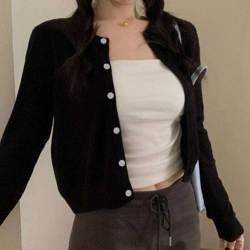 Red Cardigan Knit Early Autumn Women Clothes New 2024 Outdoor Crop Sweater Outerwear Long Sleeve Top Bottoming Shirt 26L0224