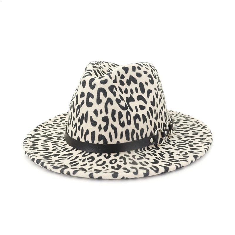 WZCX Fashion Belt Flat Top Women Leopard Felt Hat Autumn Winter Casual Personality Girls Jazz Hat Adult Cap 260124