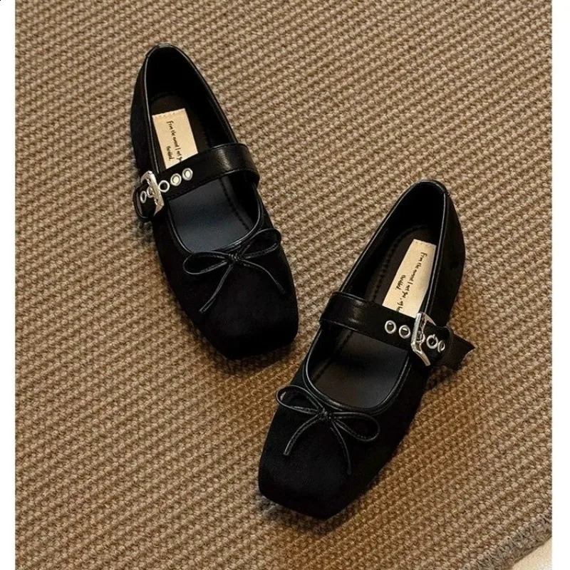 2026 Spring Bow Square Toe Shallow Single Shoes One Buckle Vintage Mary Jane Womens Shoes 260130