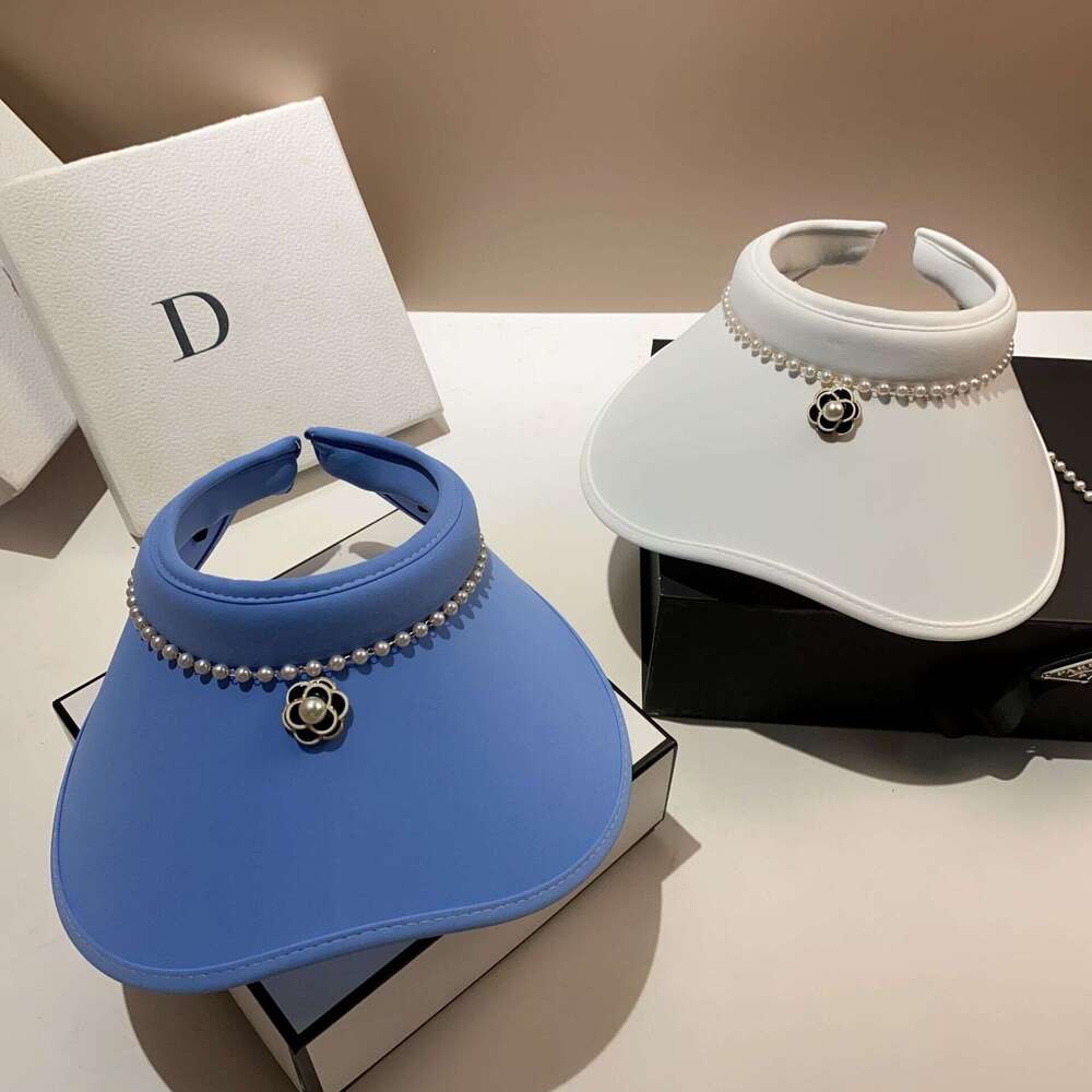 Solid-color pearl open-brim hat Tea flower decoration Suitable for shopping and garden parties