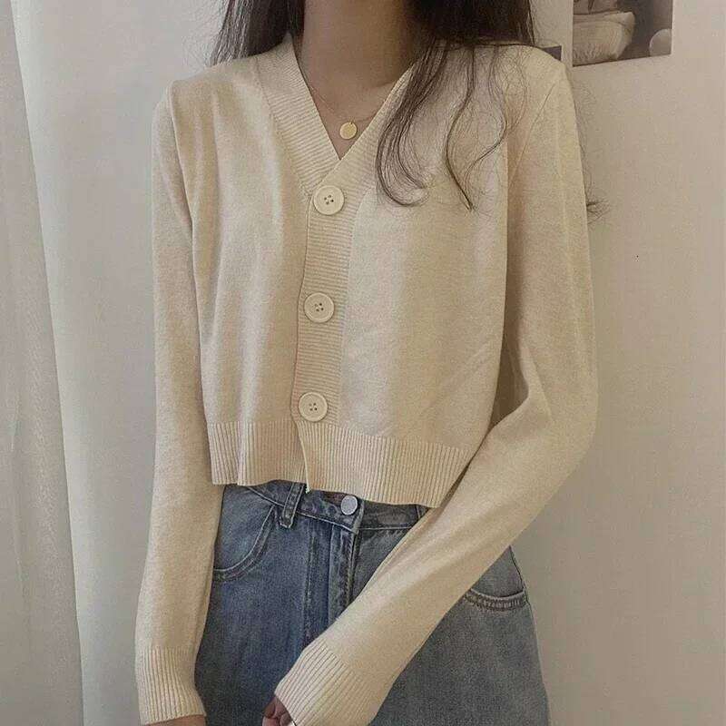 Solid Knitted 2024 Spring Autumn Long Sleeve Sweater Cardigan Women V Neck Short Top Office Ladies Slim Streetwear 26L0224