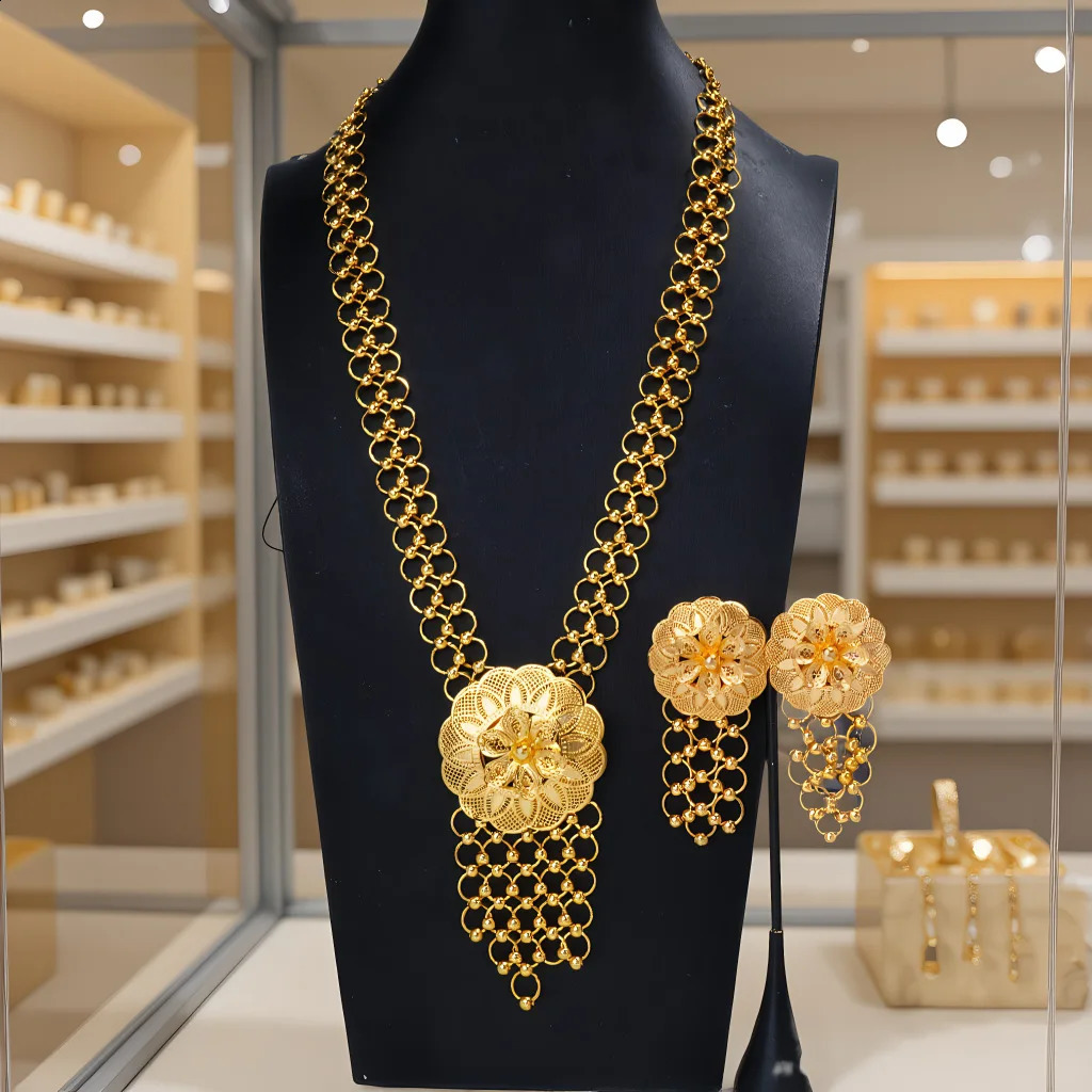 Hollow Flower Necklace Earrings Set Womens 24K Gold AU999 Exquisite flower jewelry set youthenhancing and trendy 260207