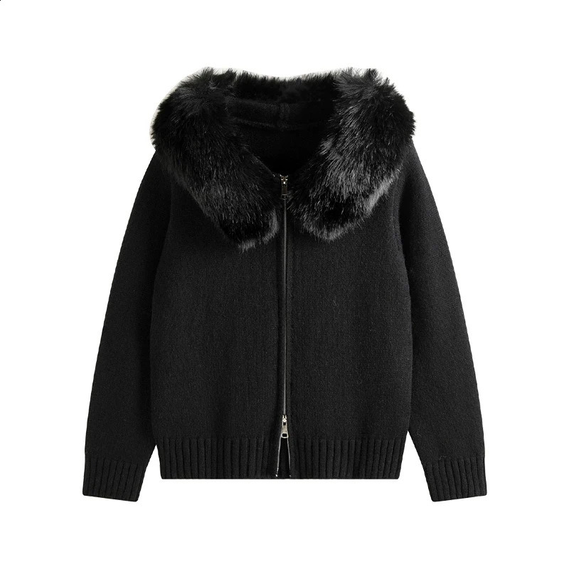 Winter Sweater Coat Women Hooded Cardigan Fur Collar Knit Thicken Warm Womens Coats Chic Casual Outwear 260126