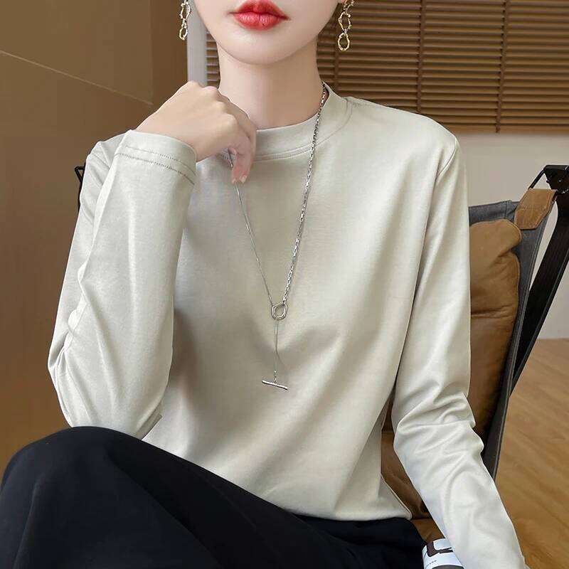 Spring and Autumn Half-high-necked Women's Long-Sleeved T-shirt Cotton New Bottoming Shirt Loose Outside 26Y0224
