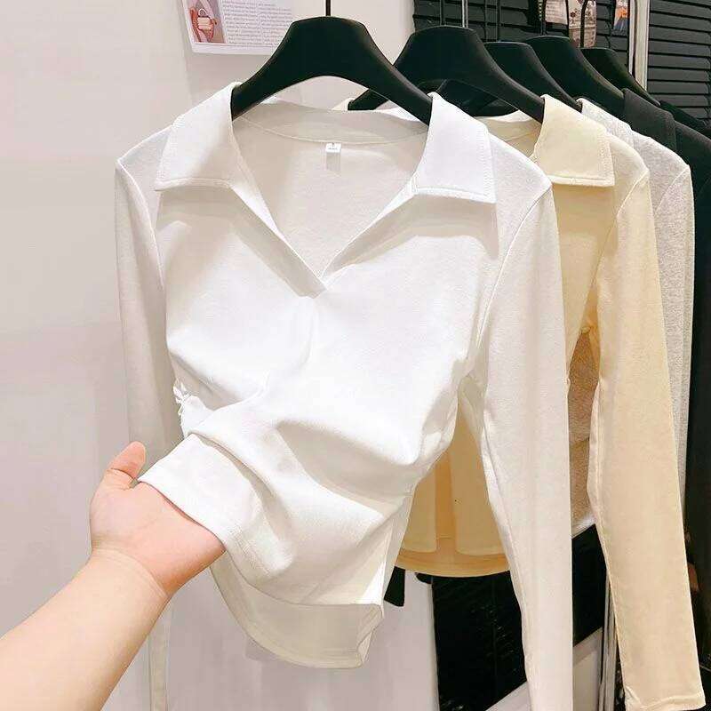 Autumn Cotton Sexy Women's T Shirt Long Sleeve Skinny Slim Basic Solid Black White Crop Polo TShirt Casual Top Tee for Women 26W0224