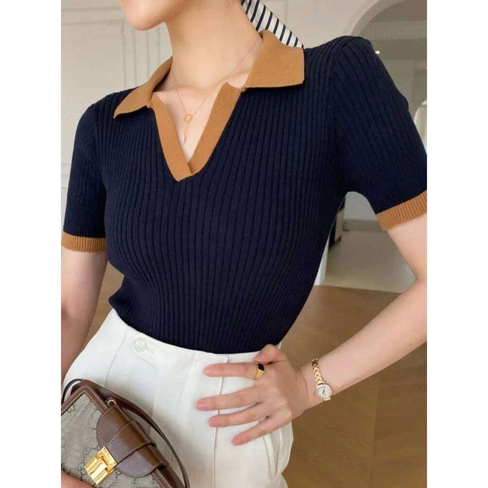 Women's T-shirt Polo Collar Short Sleeve Fashion Blouses 2025 Female Slim Knitted Tee White Skinny Casual Women Summer Tank Top 26W0224