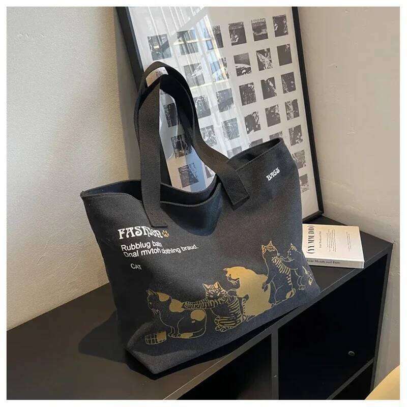 Canvas Totes Large Capacity Storage Handbag Women Tote Anime Cat Letters Shoulder Bags Girls Casual Commute Portable Big Bag Z260224