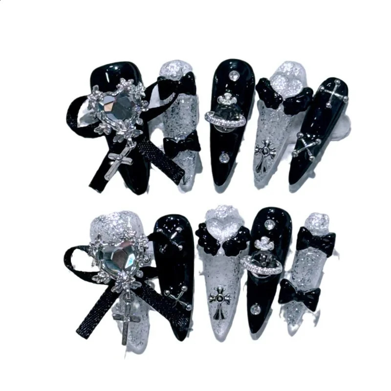 Goldcast Handmade Press on Nails Black Bow Tie Wearable Pink Cute Long False Nails Winter Reusable Full Cover Charm Nails Art 260209