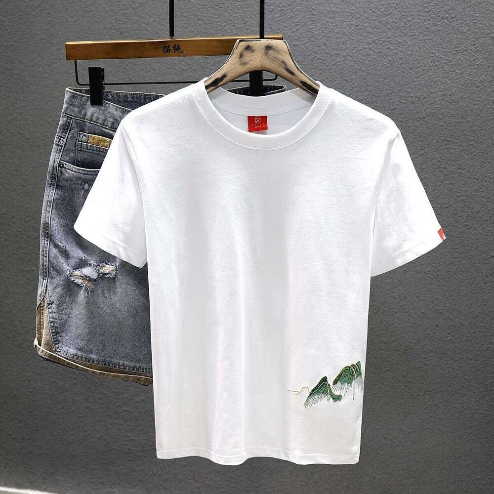 Men's T-shirt New Chinese Style Landscape Embroidered Short-sleeve White Green Landscape Embroidery On Back With Red Pattern On Top Loose Fit