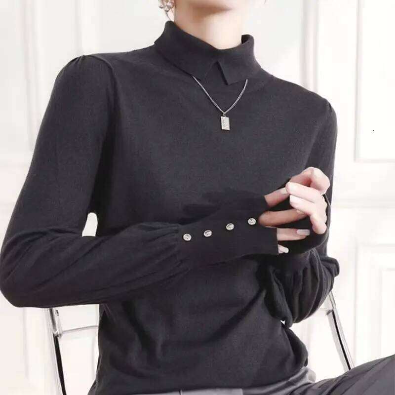 Women Clothing Temperament Polo Neck Knitting Pullovers Top Autumn Winter New Button Long Sleeve Solid Sweaters Elegant Fashion 26W0224