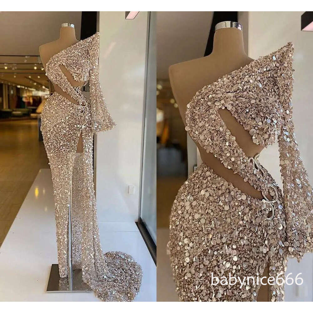 Sparkly Sequined Crystals Evening Dresses One Shoulder Glitter Pageant Prom Gowns Sexy High Side Slit Long Sleeve Arabic Women Formal Party Wear 322