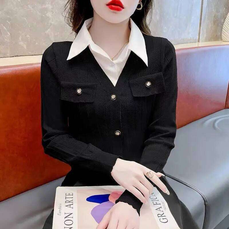 Preppy Style Fake Two-piece Patchwork Pullovers Autumn Winter Polo Neck Long Sleeve Office Sweaters Fashion Trend Women Clothing 26W0224