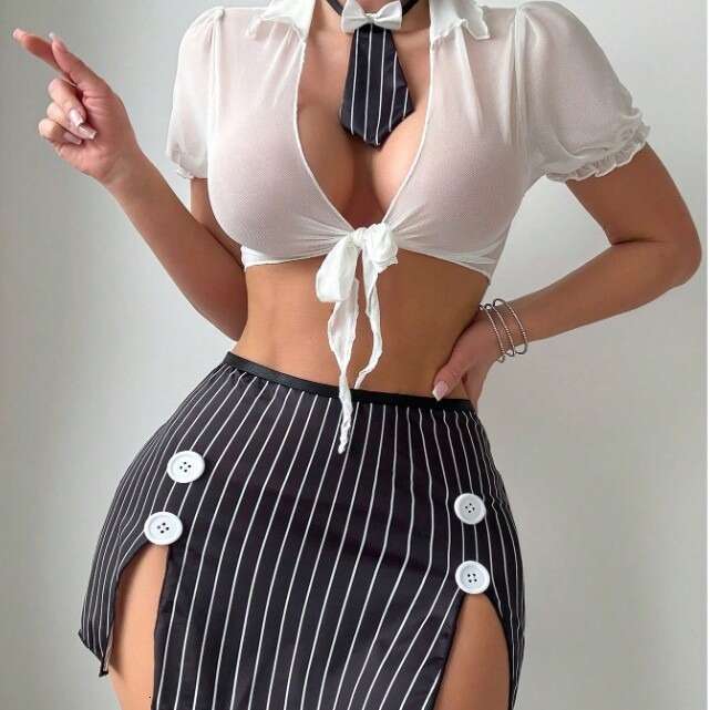 Women Sexy Uniform Style Two-Piece Set Transparent Blouse with Deep V Neck & Bow Tie, High-Waisted Striped Skirt with Side Slit, Perfect for Party & C
