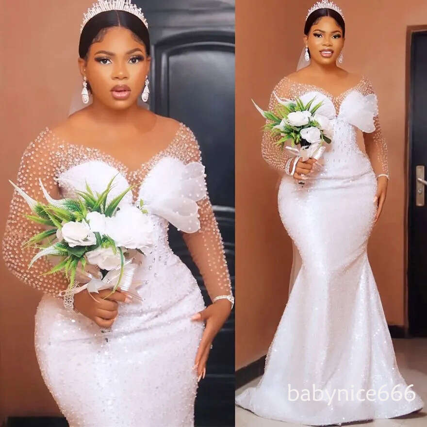 Arabic Aso Ebi Plus Size White Mermaid Wedding Dress Beaded Crystals Sequined Luxurious Bridal Gowns Robe de mariee D13