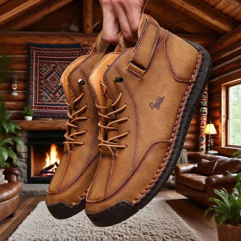 Spring and Autumn Men Mid Top Leather Sneakers Soft Soled Loafers Non Slip Comfortable Flat Casual Shoes Classic Ankle Moccasin