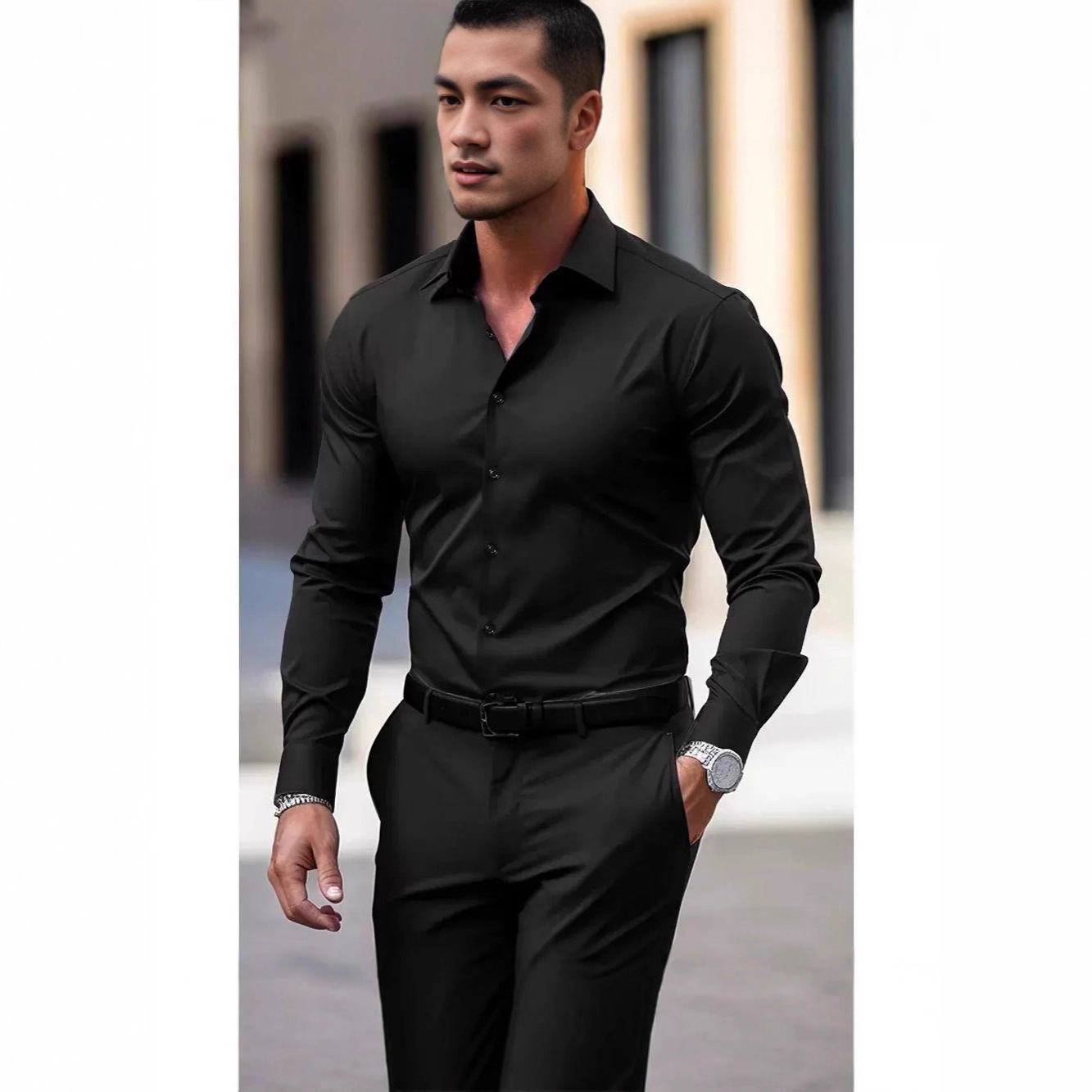 2026 new European and American tough guy style tight-fitting shirt for men, slim fit, non-iron, long-sleeved cardigan, shiny, reflective, casual workw