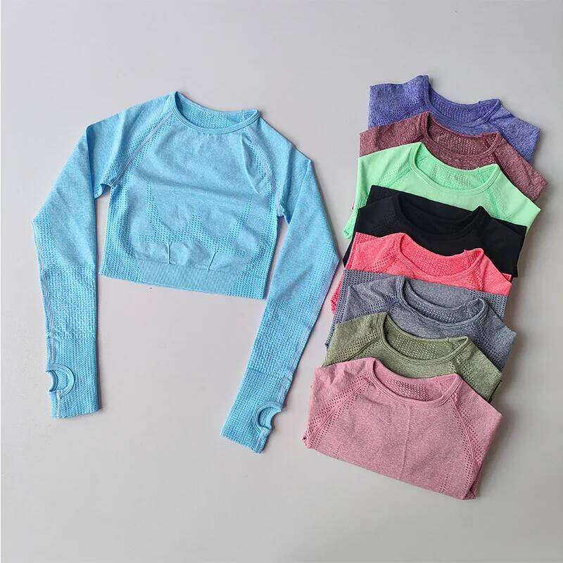 Long Sleeve Yoga Crop Top Women Round Neck Seamless Gym Tops Stretch Fit Running Shirts With Thumb Hole Workout Clothes 26Y0224